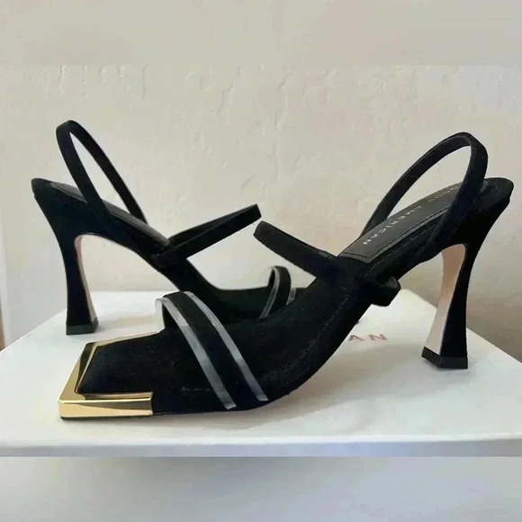 GOOD AMERICAN  The Standout Square Toe Sandal Suede Black Size 6 1/2 Heels - Picture 1 of 8
